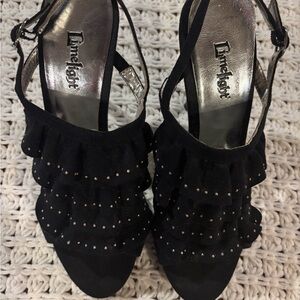 Black Leather Suede Ruffle Heels with Studs